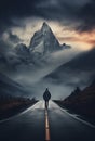 Solitary Journey: Man Walking on Road to Majestic Mountains. Generative ai Royalty Free Stock Photo