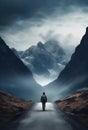 Solitary Journey: Man Walking on Road to Majestic Mountains. Generative ai Royalty Free Stock Photo