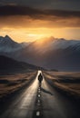 Solitary Journey: Man Walking on Road to Majestic Mountains. Generative ai Royalty Free Stock Photo