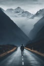 Solitary Journey: Man Walking on Road to Majestic Mountains. Generative ai Royalty Free Stock Photo