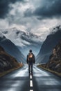 Solitary Journey: Man Walking on Road to Majestic Mountains. Generative ai Royalty Free Stock Photo