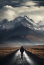 Solitary Journey: Man Walking on Road to Majestic Mountains. Generative ai Royalty Free Stock Photo