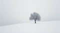 Solitary leafless tree in a white snowy landscape. Minimalistic winter scene conveying stillness and isolation