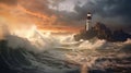 A solitary lighthouse standing tall on a rugged coastline, waves crashing below