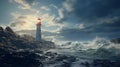 A solitary lighthouse standing tall on a rugged coastline, waves crashing below