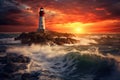 A solitary lighthouse stands steadfastly at sunset, providing a guiding light in the vast expanse of the open sea, A peaceful