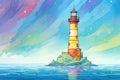 solitary lighthouse under the multicolored aurora borealis