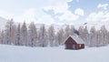 Solitary log hut in mountains at snowy winter day