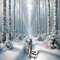 Solitary Lynx Wilderness Wintertime Birch Trees Snowy Pathway Forest Canada AI Generated