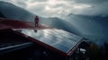 Solitary man in red jacket standing on the roof of a house equipped with solar panels, looking at foggy landscape. Generative AI Royalty Free Stock Photo