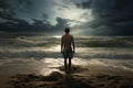 Solitary Man sea walk. Generate Ai Royalty Free Stock Photo