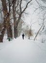 Solitary man silhouette wandering a snowy walkway in the winter park. Calm and moody scene, person walking a footpath in the