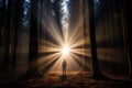 Solitary man standing in a forest, with a ray of light streaming through the trees, AI-generated. Royalty Free Stock Photo