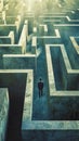 A solitary man in a suit stands at a crossroads within an immense concrete maze, contemplating the path ahead under a