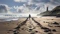 A solitary man walks on the sandy coastline, enjoying nature generated by AI