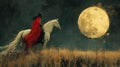 Solitary Moonlit Quest: Caped Rider and White Horse