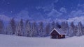 Solitary mountain house at snowfall winter night 4K