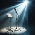 A musical microphone and music stand, sits on alone on stage ready to play, under a strong single spotlight