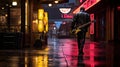 Lone Musicianâs Walk: Neon Glimmers on Wet Pavements to Jazz Bar Royalty Free Stock Photo