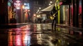 Lone Musicianâs Walk: Neon Glimmers on Wet Pavements to Jazz Bar Royalty Free Stock Photo