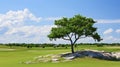 Solitary oak tree on lush green hill against clear blue sky, picturesque landscape scene Royalty Free Stock Photo