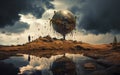 The Solitary Observer: A Surreal Landscape with a Suspended World. created by generative artificial intelligence Royalty Free Stock Photo