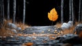 A solitary orange leaf amidst dark trees on a stone pathway Royalty Free Stock Photo