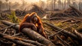 Solitary orangutan sits on a fallen log amidst a barren landscape, Generative AI