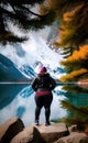 overweight woman relaxes on a mountain lake. Generative Ai