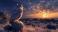A Solitary Owl Perched on a Cactus at Sunset with a Starry Sky Royalty Free Stock Photo