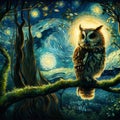 A solitary owl perched on a moss-covered branch, its silhouette blending with gnarled branches, painting art, moonlit, stars