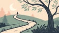 Solitary path meanders towards a lone tree under a soft sunset sky, vector design Generative AI Royalty Free Stock Photo