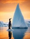 Solitary penguin standing on ice with the vast waters and an orange-hued sky in the background. Royalty Free Stock Photo