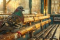 Solitary Pigeon Resting on Weathered Wooden Bench in Serene Urban Park at Sunset Royalty Free Stock Photo