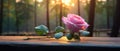 Solitary Pink Rose with Dew Drops at Sunrise in Serene Forest - Generative AI