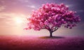 Solitary pink sakura tree in vast field against golden sunset. Created with AI