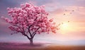 Solitary pink sakura tree in vast field against golden sunset. Created with AI