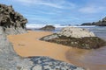 Solitary and quiet corner in Cantabrian sea beach with waves and seagulls