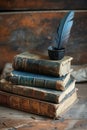 A solitary quill in an ink pot, poised on a pile of time-worn books, evokes the essence of bygone scholarly pursuits. Royalty Free Stock Photo