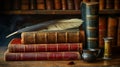 A solitary quill in an ink pot, poised on a pile of time-worn books, evokes the essence of bygone scholarly pursuits. Royalty Free Stock Photo