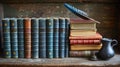 A solitary quill in an ink pot, poised on a pile of time-worn books, evokes the essence of bygone scholarly pursuits.