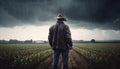 Solitary rancher stands in ominous autumn meadow under overcast sky generated by AI