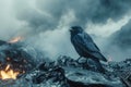 Solitary Raven Standing Amidst Fiery Desolate Landscape with Smoke Under a Dramatic Sky