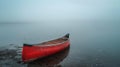 Red canoe on a tranquil misty lake. calm, serene nature scene. perfect for relaxation and solitude themes. AI Royalty Free Stock Photo