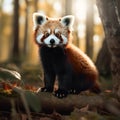 Solitary red panda perched atop a tree stump in a lush green forest, AI-generated.