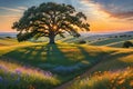 Solitary Reverie: Majestic Oak Tree Standing Alone on a Gently Rolling Hill, Summer Sunset Casting Elongated Shadows Royalty Free Stock Photo