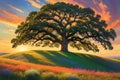 Solitary Reverie: Majestic Oak Tree Standing Alone on a Gently Rolling Hill, Summer Sunset Casting Elongated Shadows Royalty Free Stock Photo