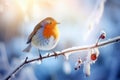 Solitary Robin Braving the Winter Chill, Perched on a Frosty Branch - A Snapshot of Serenity. Generative AI Royalty Free Stock Photo