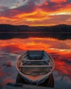 A solitary rowboat tied to a dock, the calm waters of the lake reflecting the fiery hues of a sunset sky ,soft shadowns, no Royalty Free Stock Photo