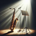 A musical instrument: saxophone, sits on alone on stage ready to play, under a strong single spotlight